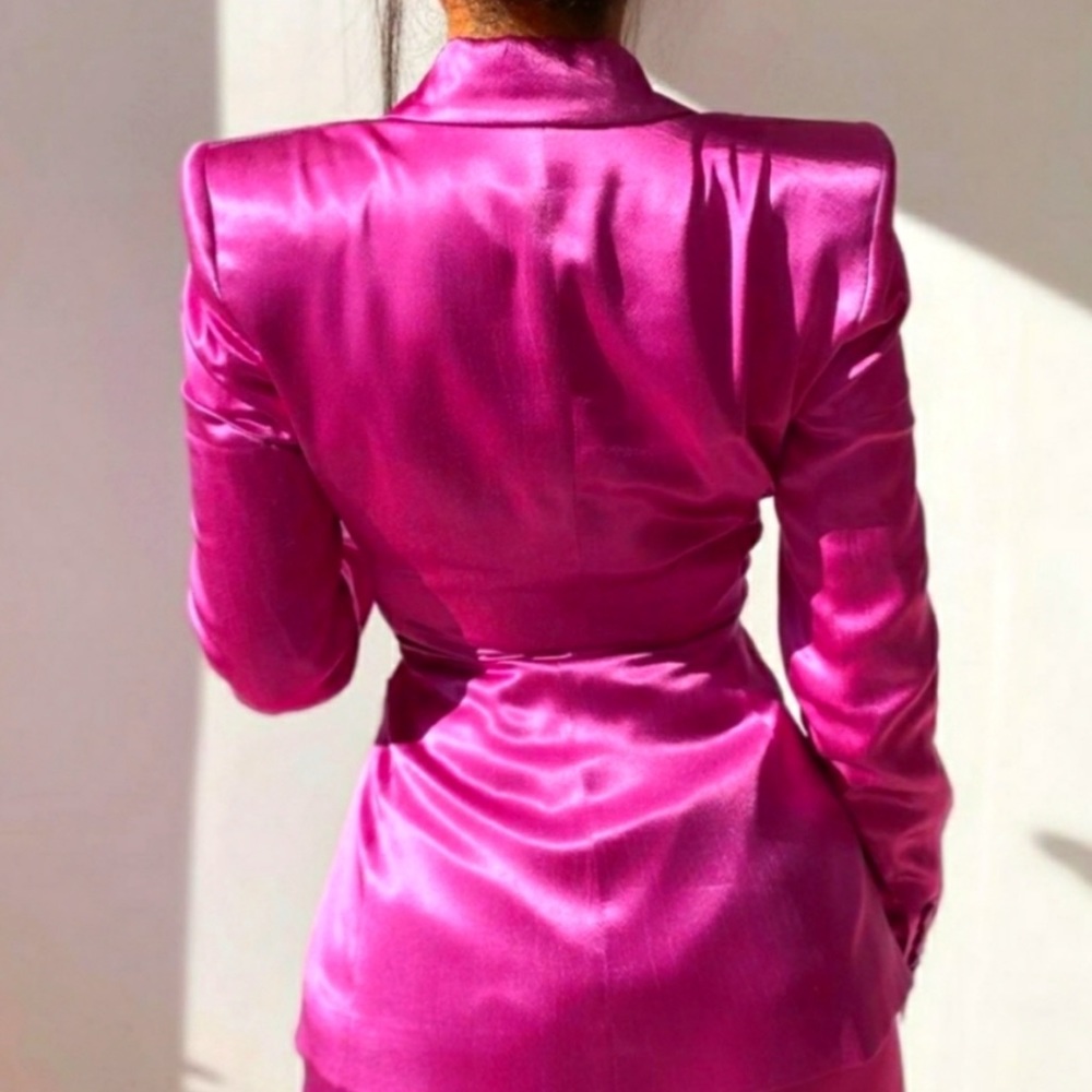 New Zara Pink Satin One Button Structured Tie Sash Front Blazer - Picture 10 of 16